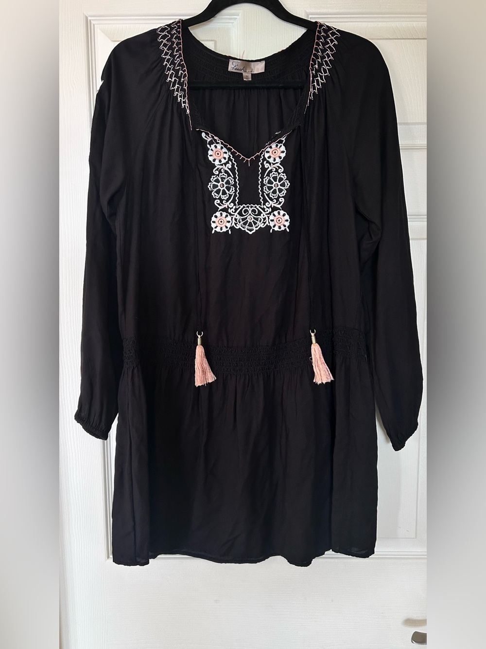 Black Embroidered Tassel Tunic Dress - Pink & White Accents